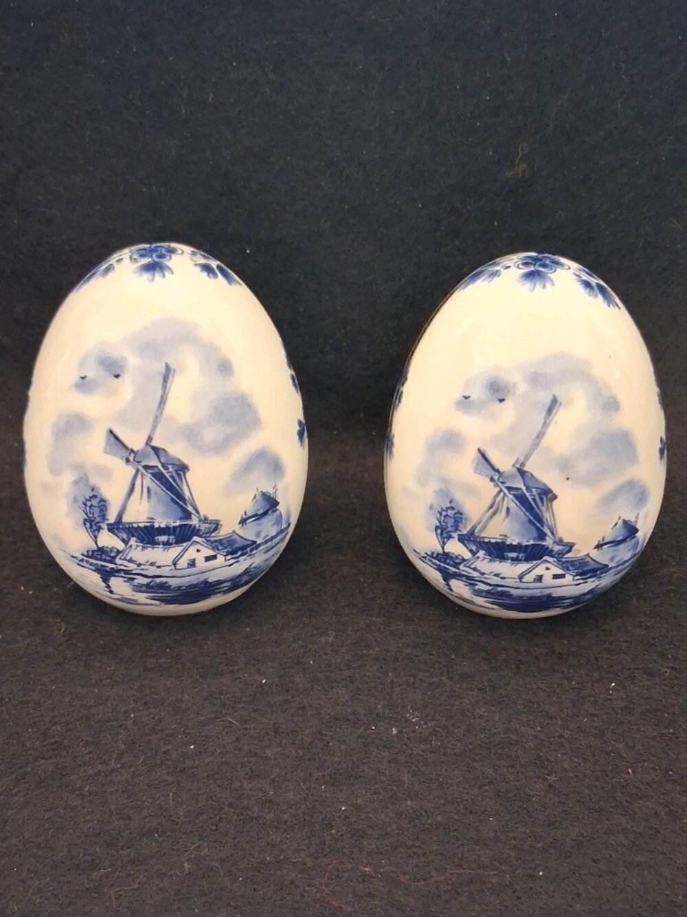 Vintage Delft Blue Hand Painted Egg-Shaped Salt and Pepper Shakers Windmill